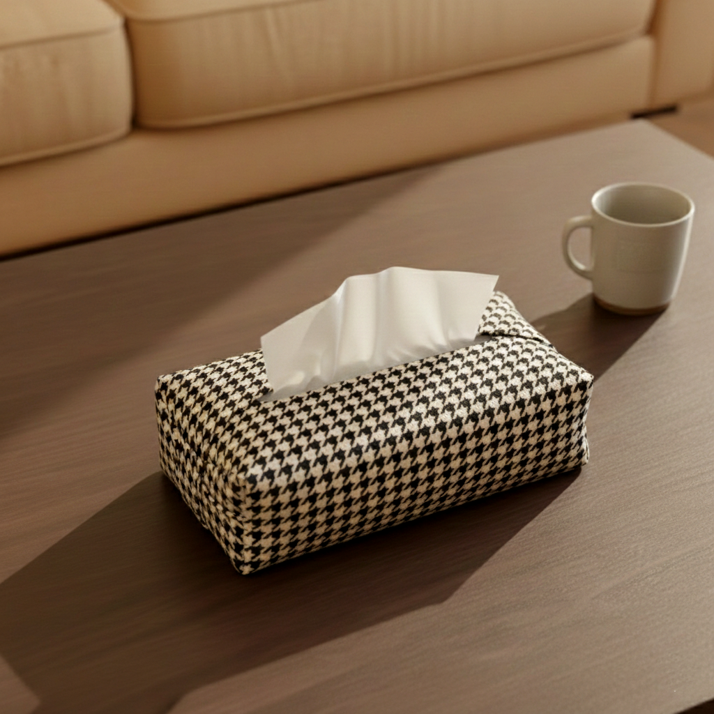 Printed - Beige Houndstooth Tissue Box Trendy Home