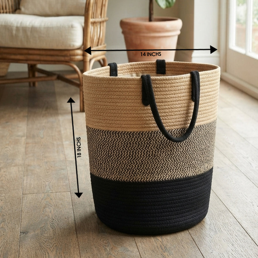 Handwoven - Jute Black & Natural Laundry Basket