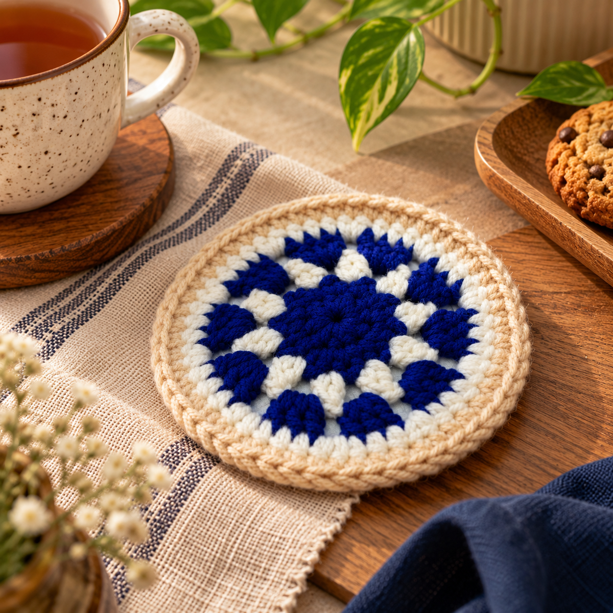 Handmade - Crochet Blue Mandala Coaster Trendy Home