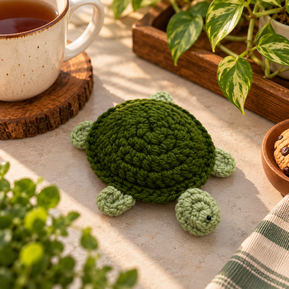 Handmade - Crochet Forest Green Turtle Coaster Trendy Home