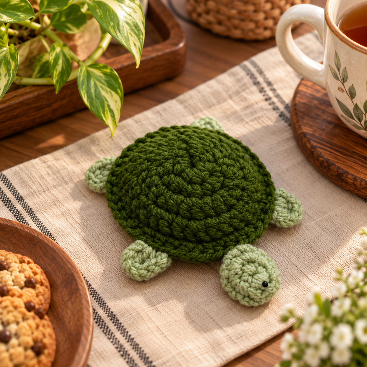 Handmade - Crochet Forest Green Turtle Coaster Trendy Home