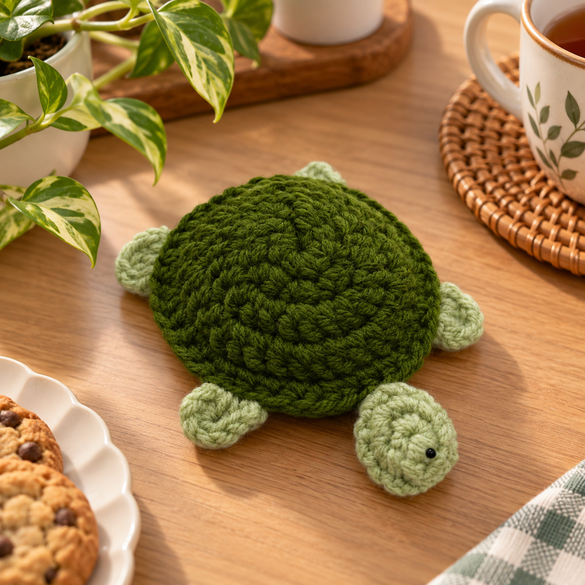 Handmade - Crochet Forest Green Turtle Coaster Trendy Home