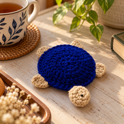 Handmade - Crochet Royal Blue Turtle Coaster Trendy Home