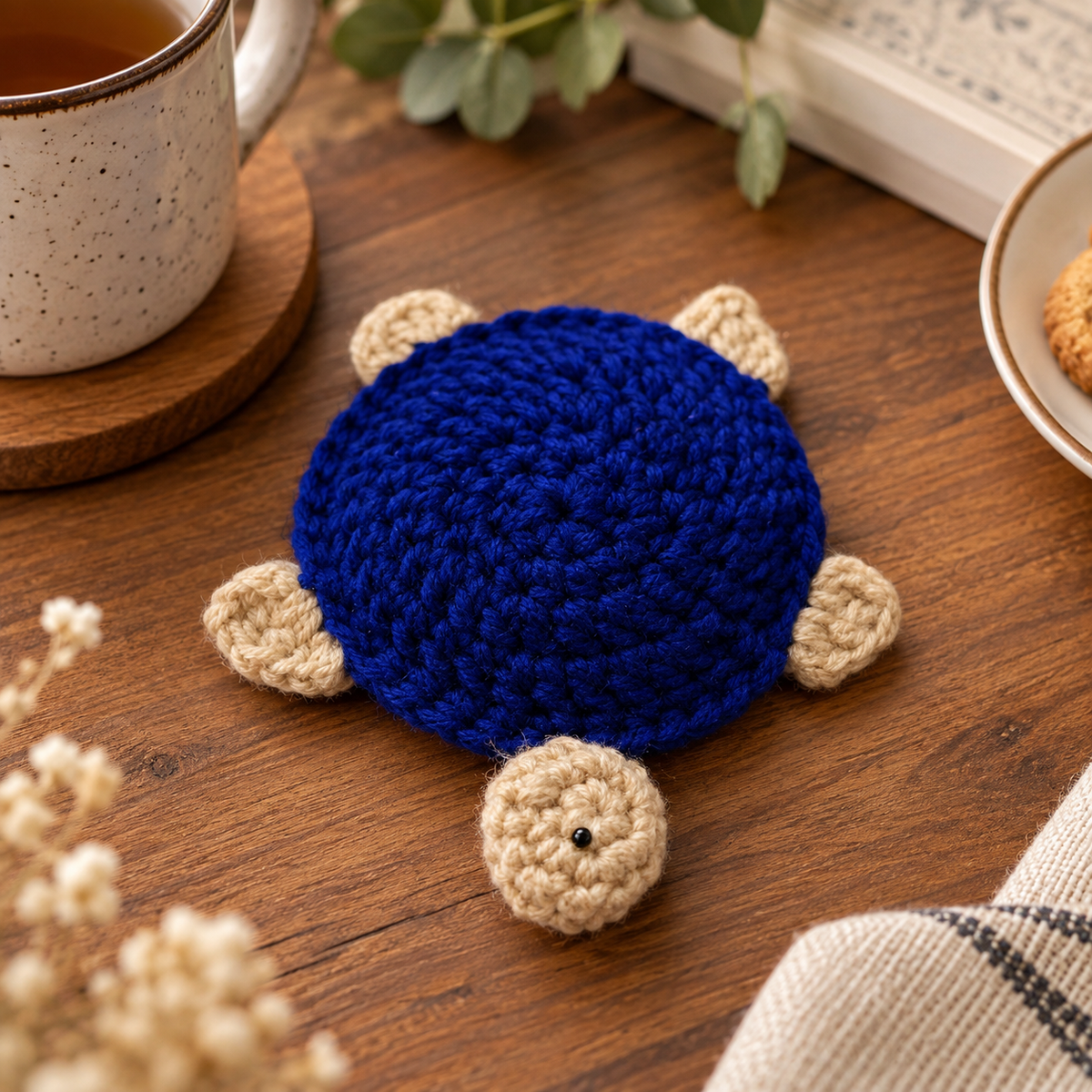 Handmade - Crochet Royal Blue Turtle Coaster Trendy Home