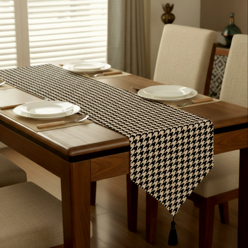 Printed - Beige Houndstooth Table Runner Trendy Home