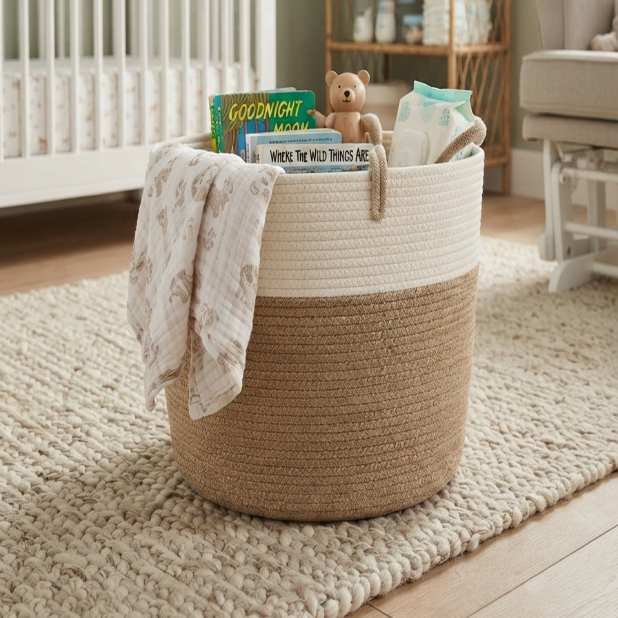 Handwoven - Jute White & Natural Laundry Basket