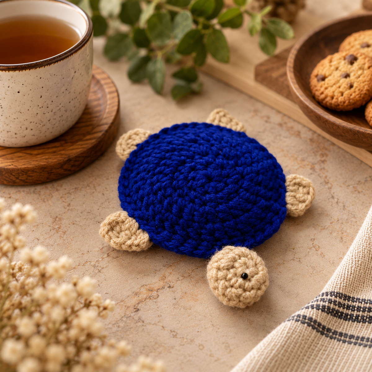 Handmade - Crochet Royal Blue Turtle Coaster Trendy Home