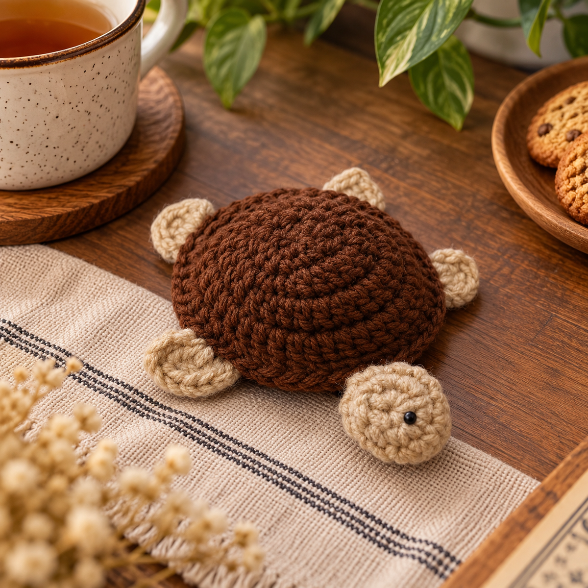 Handmade - Crochet Chocolate Brown Turtle Coaster Trendy Home