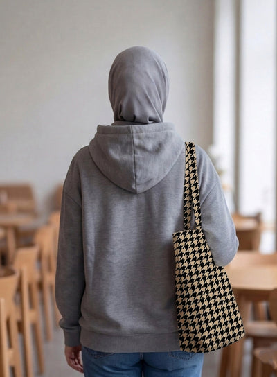 Printed - Beige Houndstooth Tote Bag Trendy Home