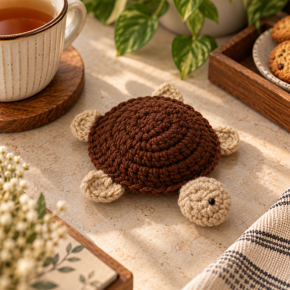 Handmade - Crochet Chocolate Brown Turtle Coaster Trendy Home