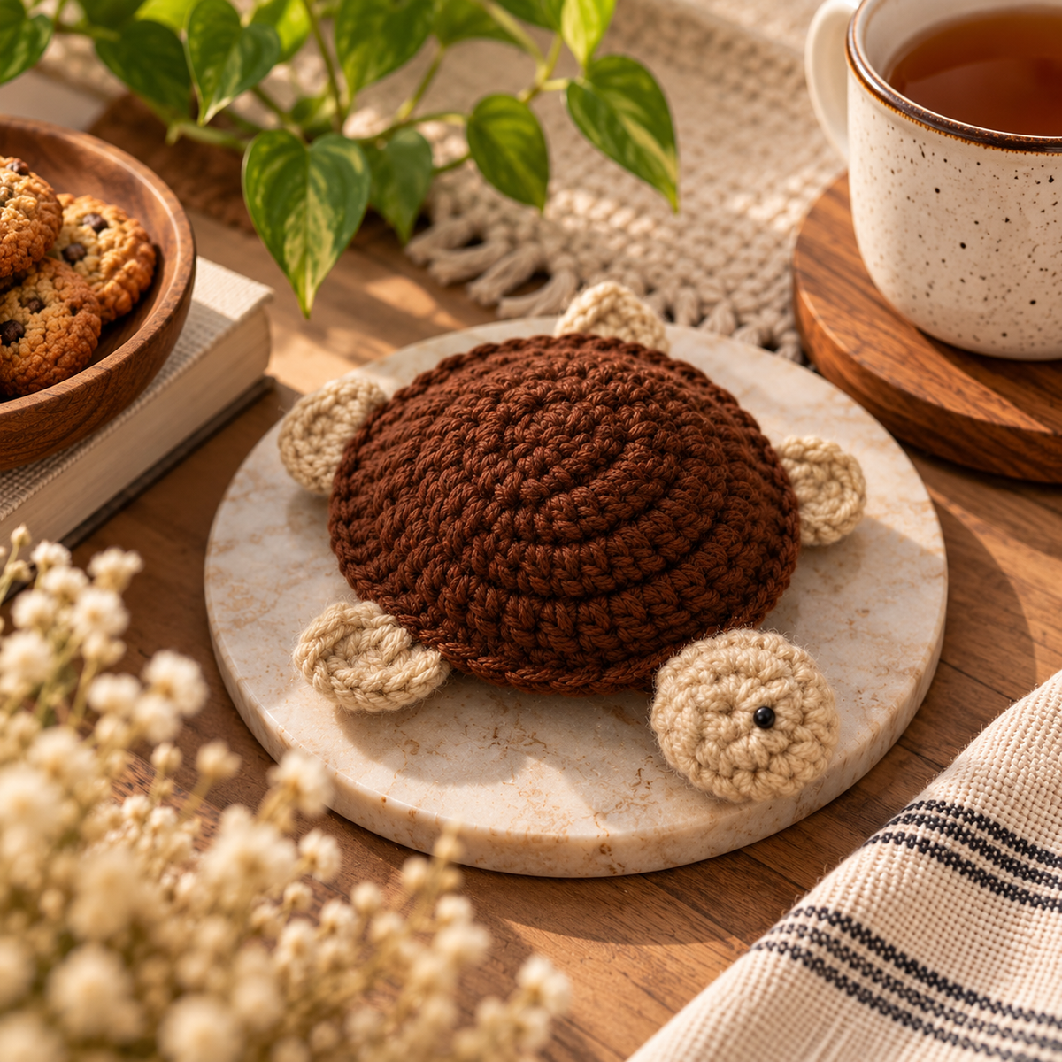 Handmade - Crochet Chocolate Brown Turtle Coaster Trendy Home