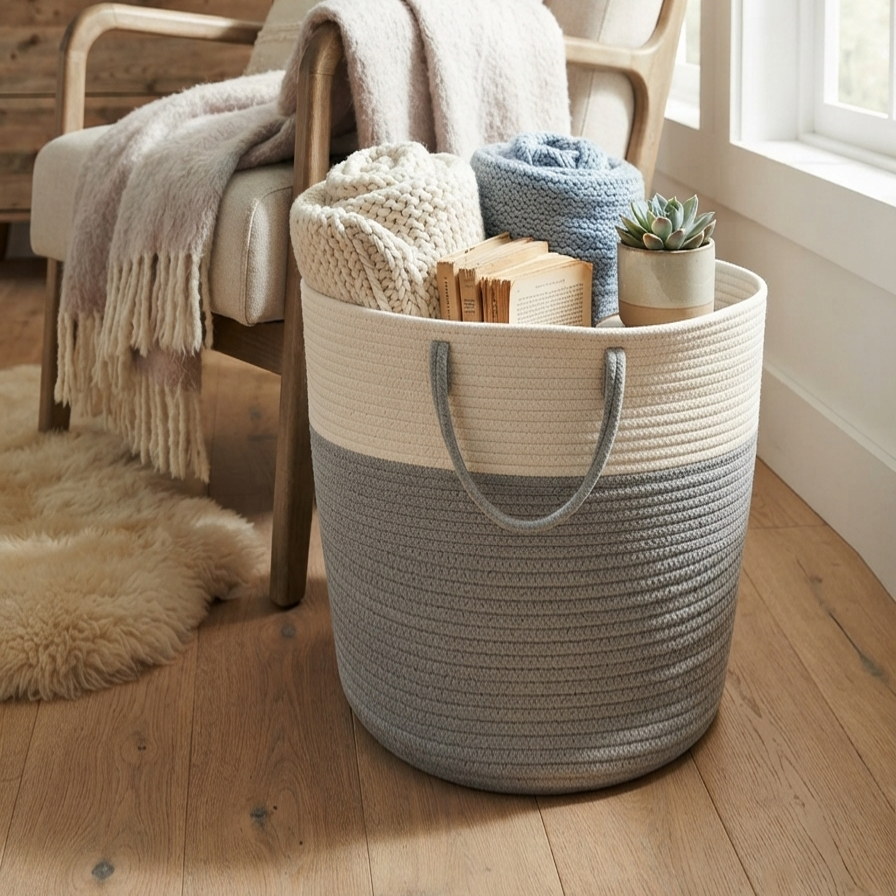 Handwoven - Jute Ivory & Grey Laundry Basket