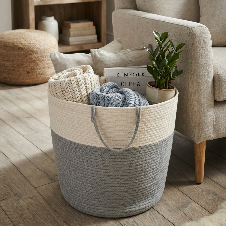 Handwoven - Jute Ivory & Grey Laundry Basket