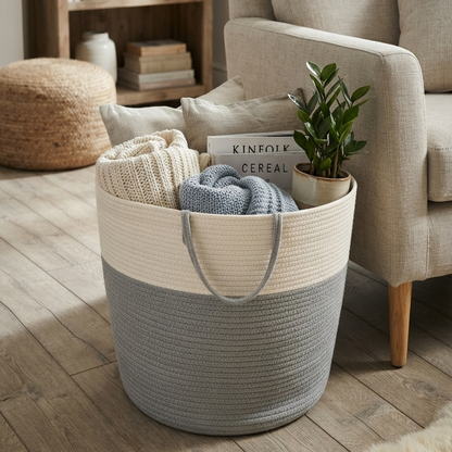 Handwoven - Jute Ivory & Grey Laundry Basket
