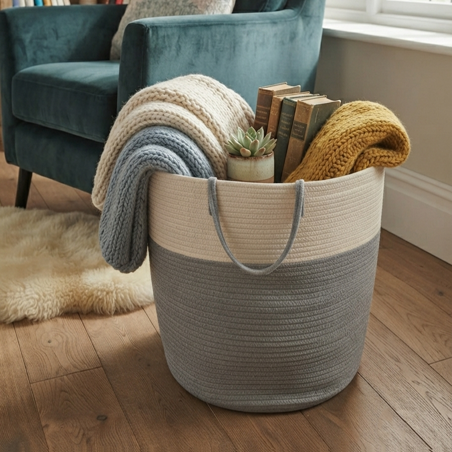 Handwoven - Jute Ivory & Grey Laundry Basket
