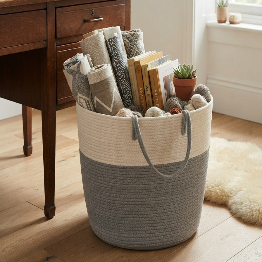 Handwoven - Jute Ivory & Grey Laundry Basket