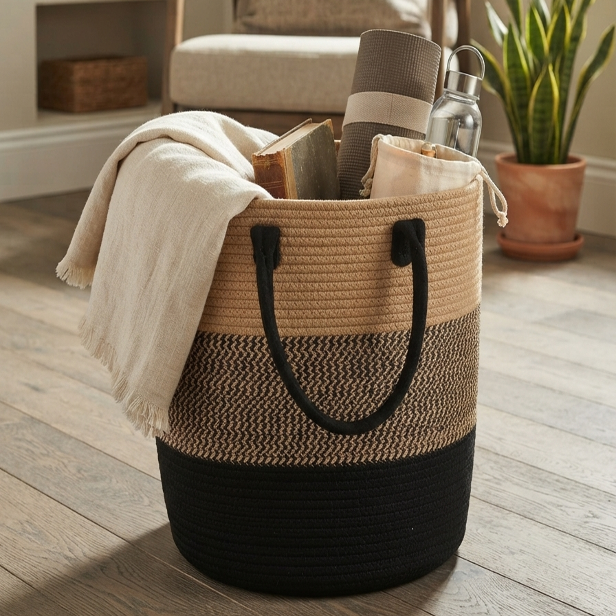 Handwoven - Jute Black & Natural Laundry Basket