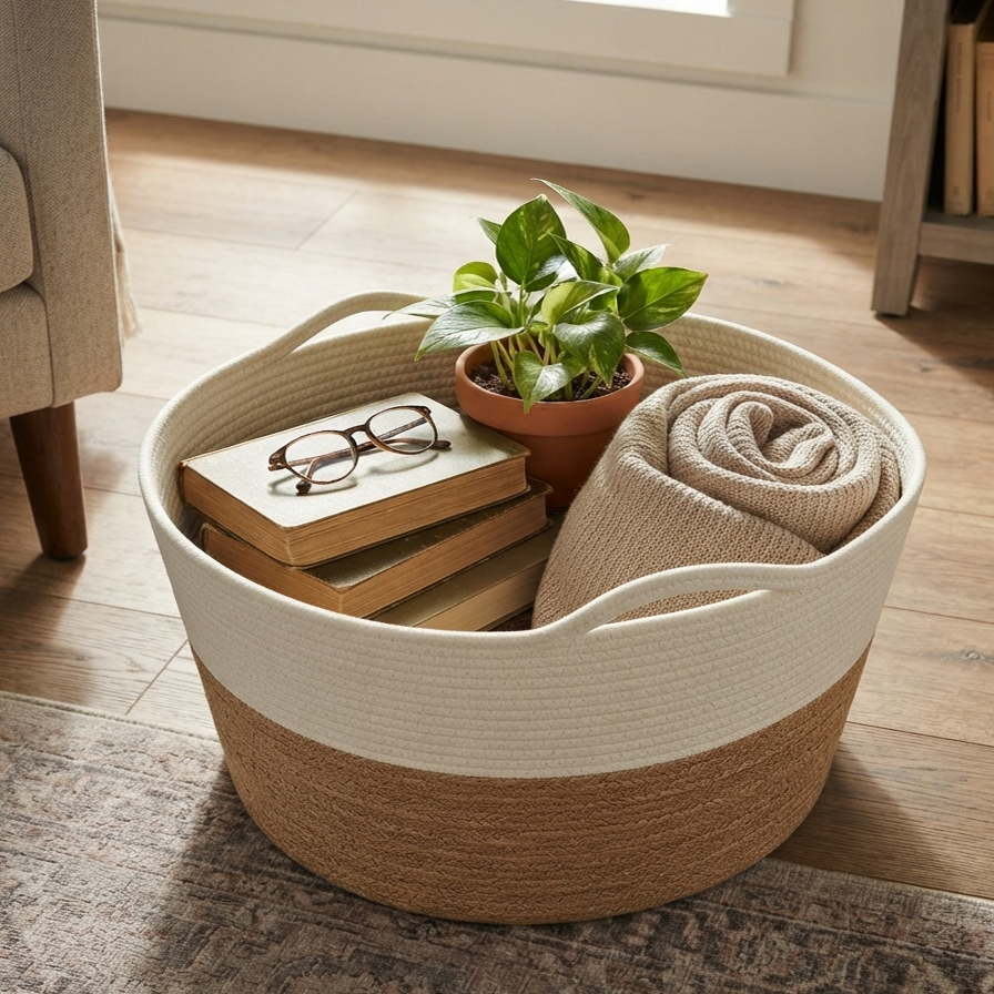 Handwoven - Jute White & Natural Storage Basket