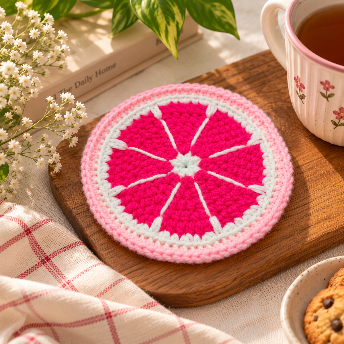 Handmade - Crochet Pink Grapefruit Coaster Trendy Home