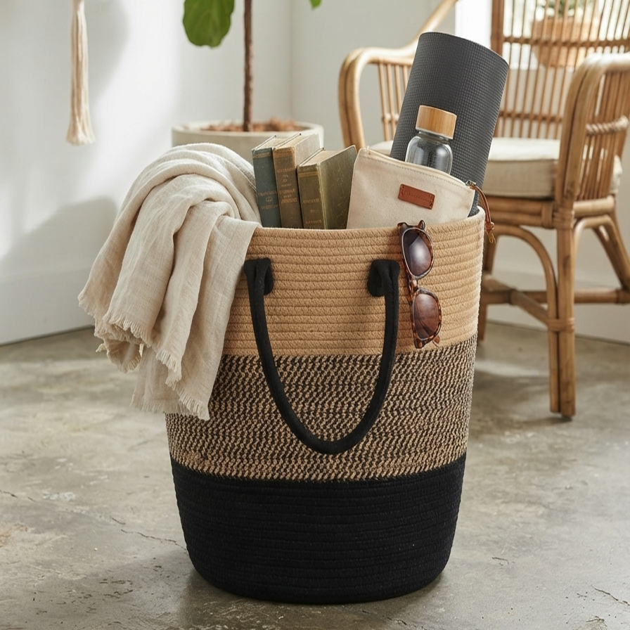 Handwoven - Jute Black & Natural Laundry Basket