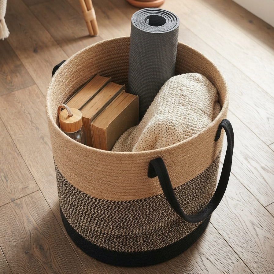 Handwoven - Jute Black & Natural Laundry Basket