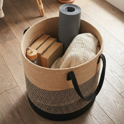 Handwoven - Jute Black & Natural Laundry Basket