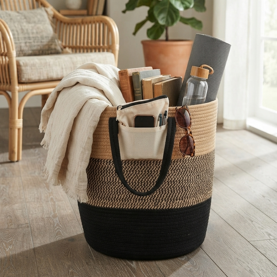 Handwoven - Jute Black & Natural Laundry Basket