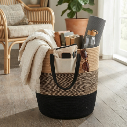 Handwoven - Jute Black & Natural Laundry Basket