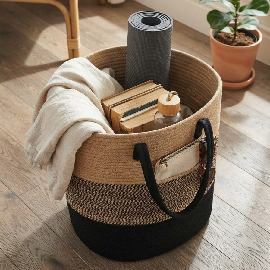 Handwoven - Jute Black & Natural Laundry Basket