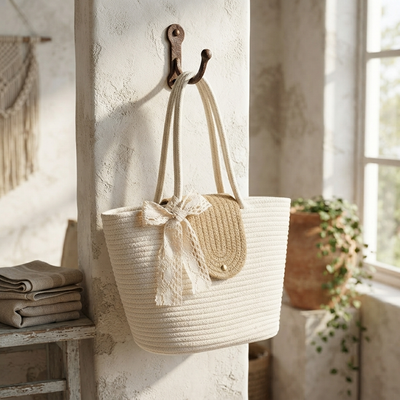 Handwoven - Ivory & Brown Beach Bag Trendy Home