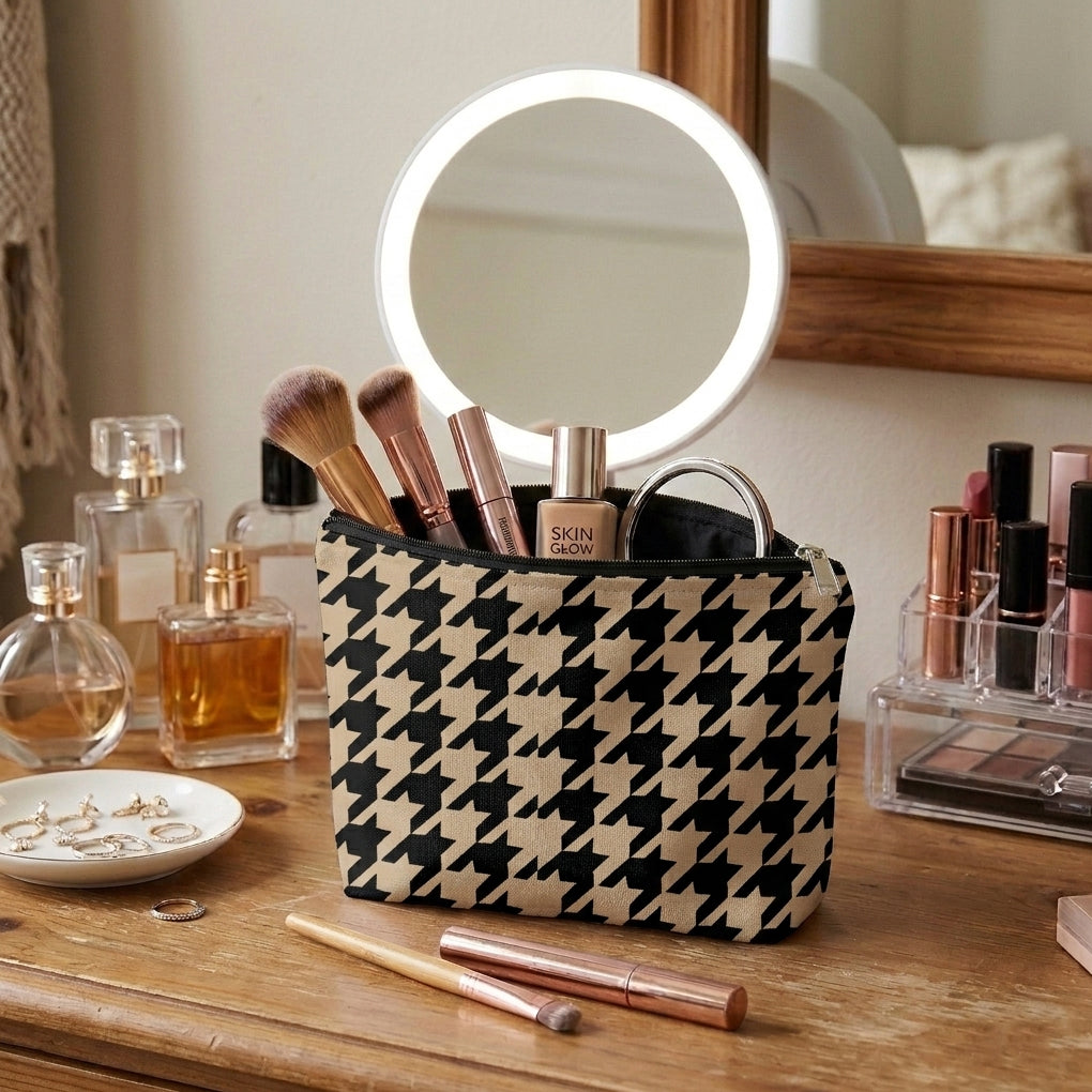 Printed - Beige Houndstooth Cosmetic Pouch Trendy Home