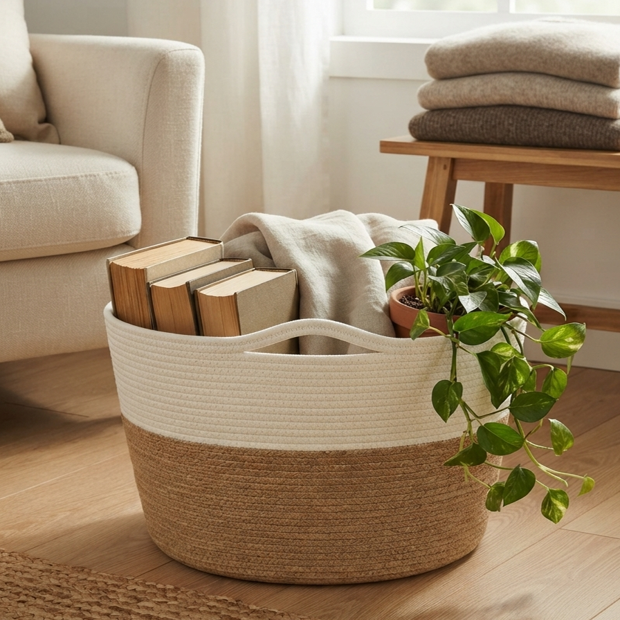 Handwoven - Jute White & Natural Storage Basket