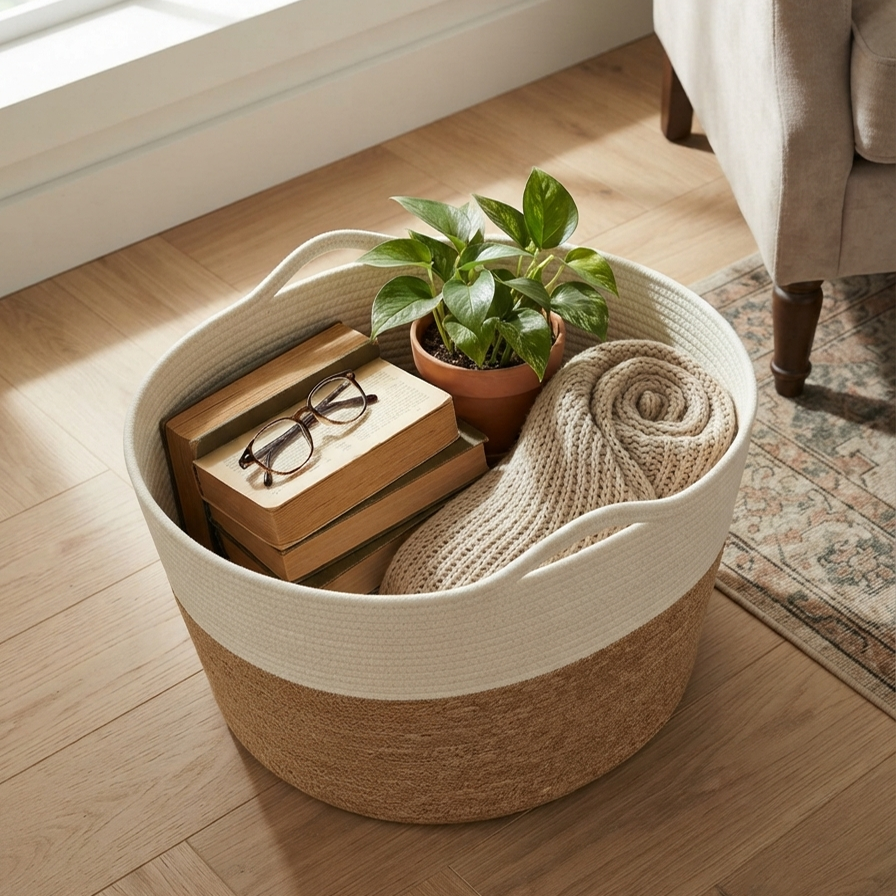 Handwoven - Jute White & Natural Storage Basket