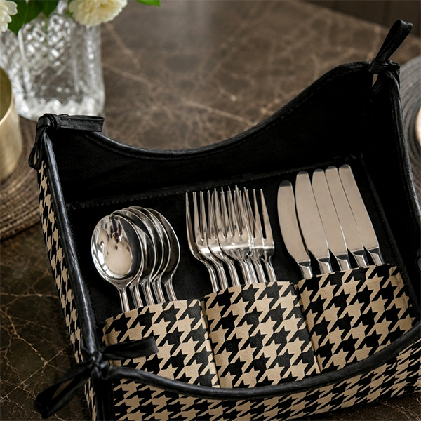 Printed - Beige Houndstooth Cutlery Tray
