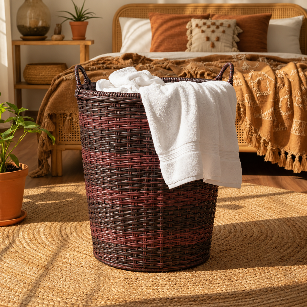 Handmade - Rattan Burgundy Wicker Laundry Basket Trendy Home