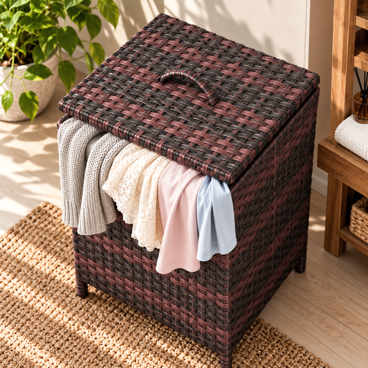 Handmade - Rattan Burgundy  Laundry Basket