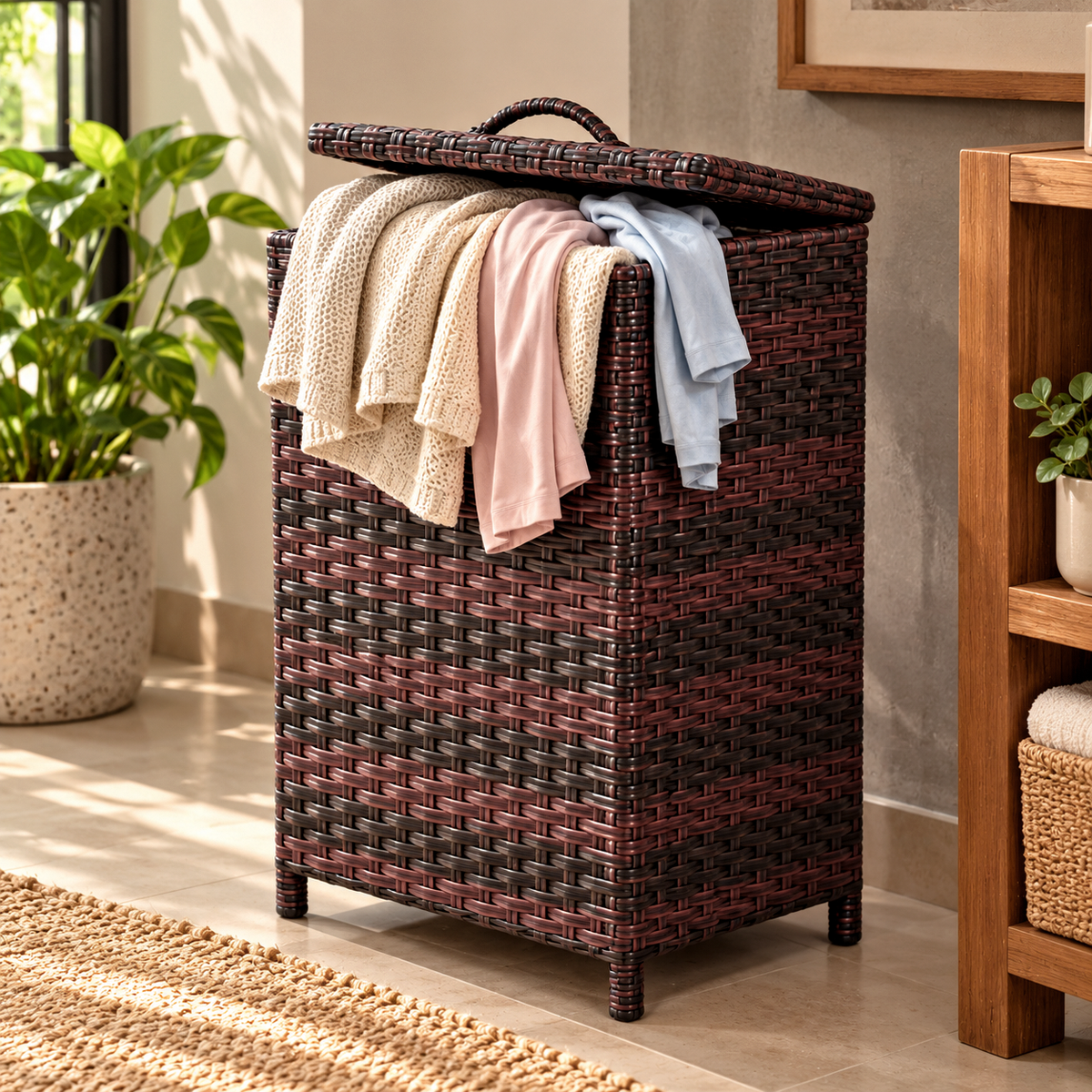Handmade - Rattan Burgundy  Laundry Basket