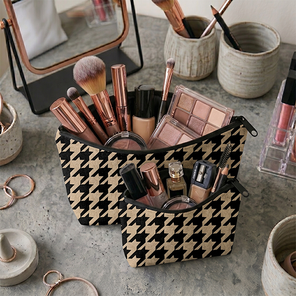 Printed - Beige Houndstooth Cosmetic Pouch Trendy Home