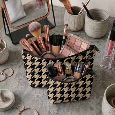 Printed - Beige Houndstooth Cosmetic Pouch Trendy Home