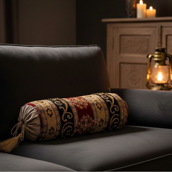 Hand Sequin - Maroon Black Sofa Round PIllow Cover (pair) Trendy Home