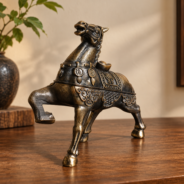 Bronze-colored horse figurine with ornate decorative details, displayed on a wooden surface with a blurred indoor background and plant.