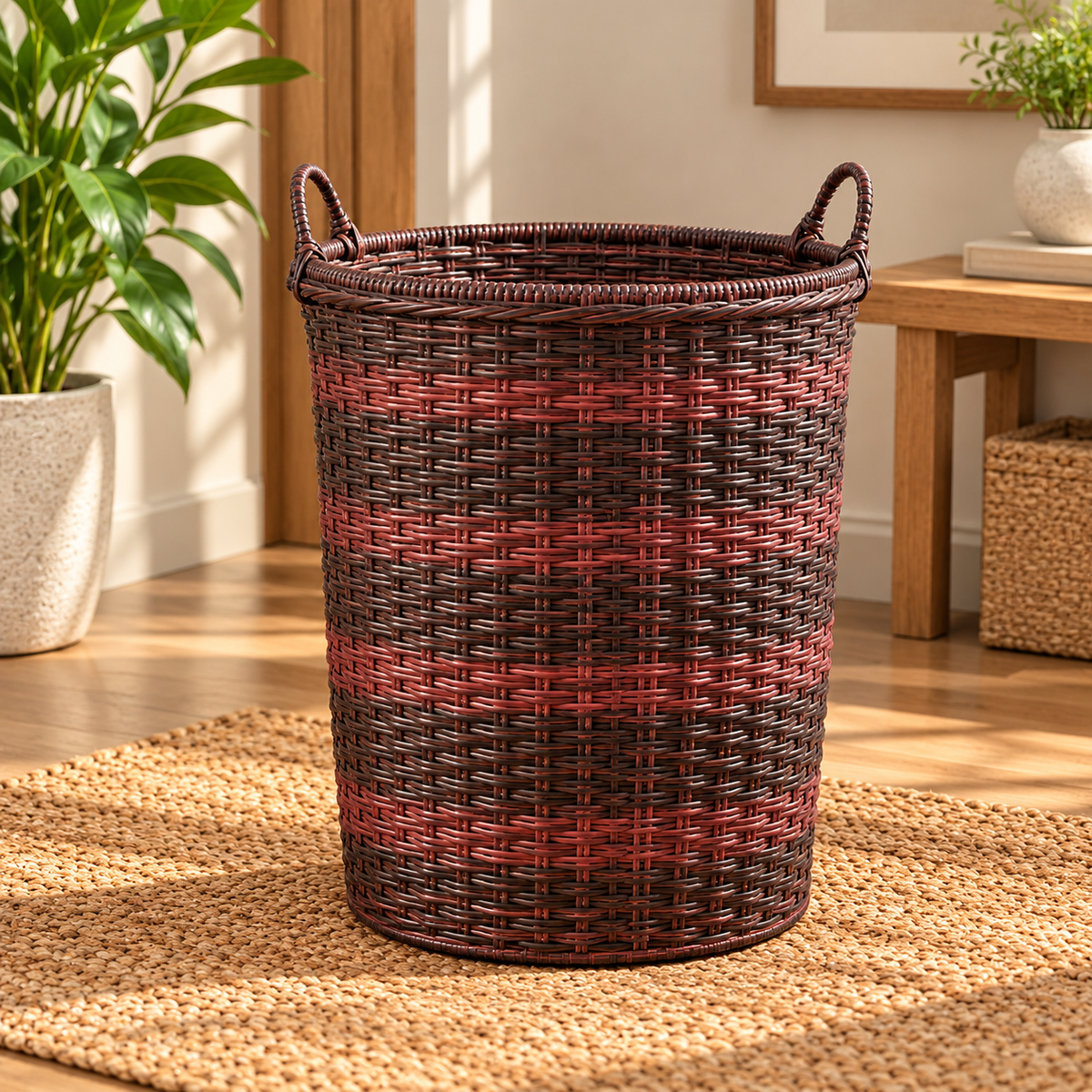 Handmade - Rattan Burgundy Wicker Laundry Basket Trendy Home