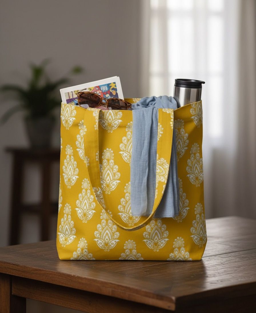 Yellow tote bag with floral pattern on a wooden table, containing a book, a shirt, and a cup.
