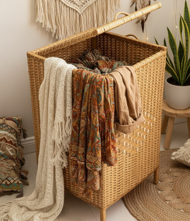 Wicker laundry basket with folded clothes in a room with decor elements.